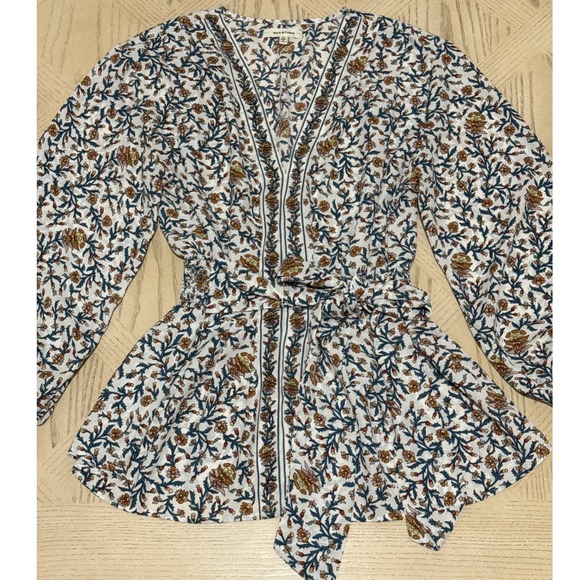 MAX STUDIO Floral Print Smocked Waist Peplum Blouse Womens M Long Sleeve V Neck - Picture 9 of 13